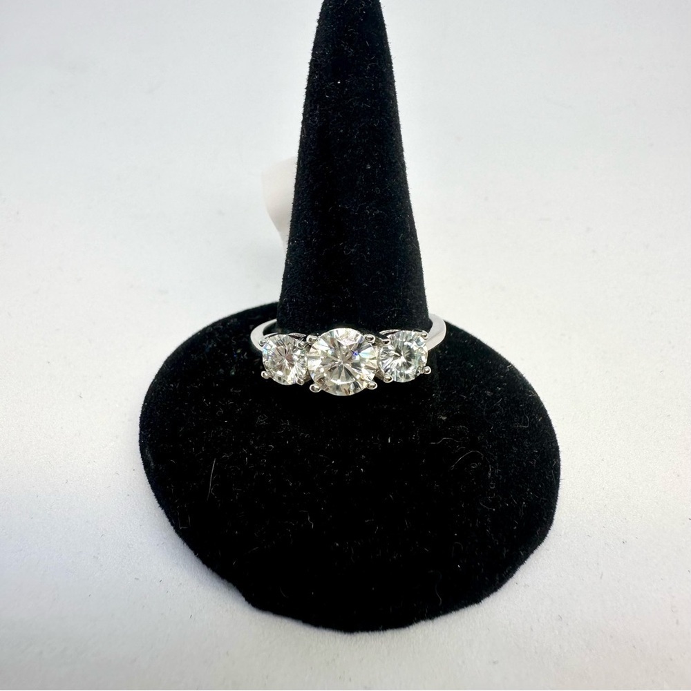 Three Stone Moissanite Ring Trilogy Past Present Future Anniversary Wedding Band - Picture 5 of 12